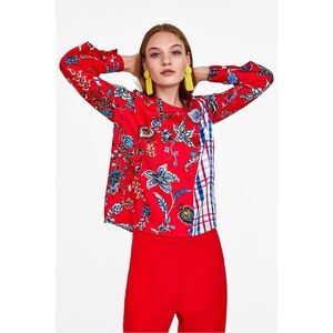 Zara Floral Plaid Long Sleeve Blouse